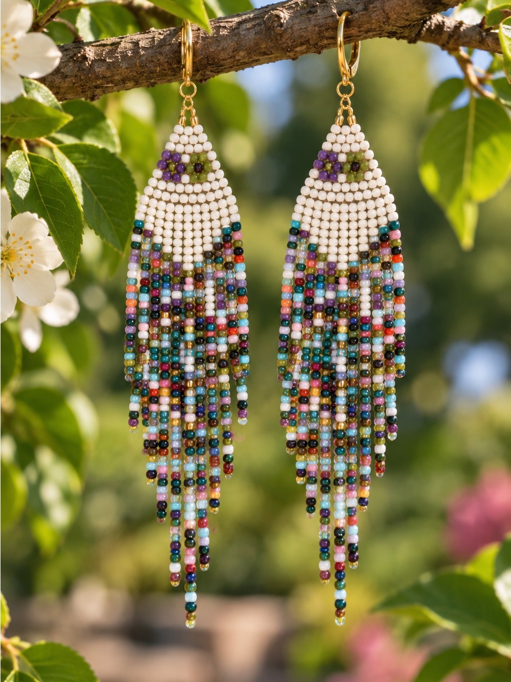 Multicolor Seed Bead Fringe Earrings with White Accents